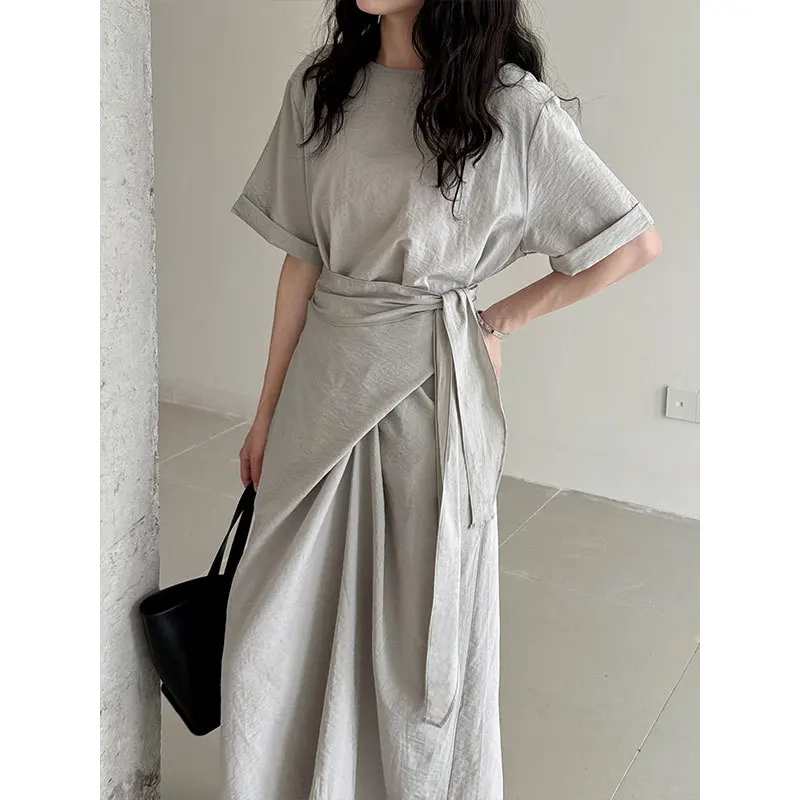 

Women Crisscross Belt Dresses A Line Solid Dress Ankle Lenth Short Sleeves Waist Cinch Slim Fit Office Lady Casual 2026 Summer