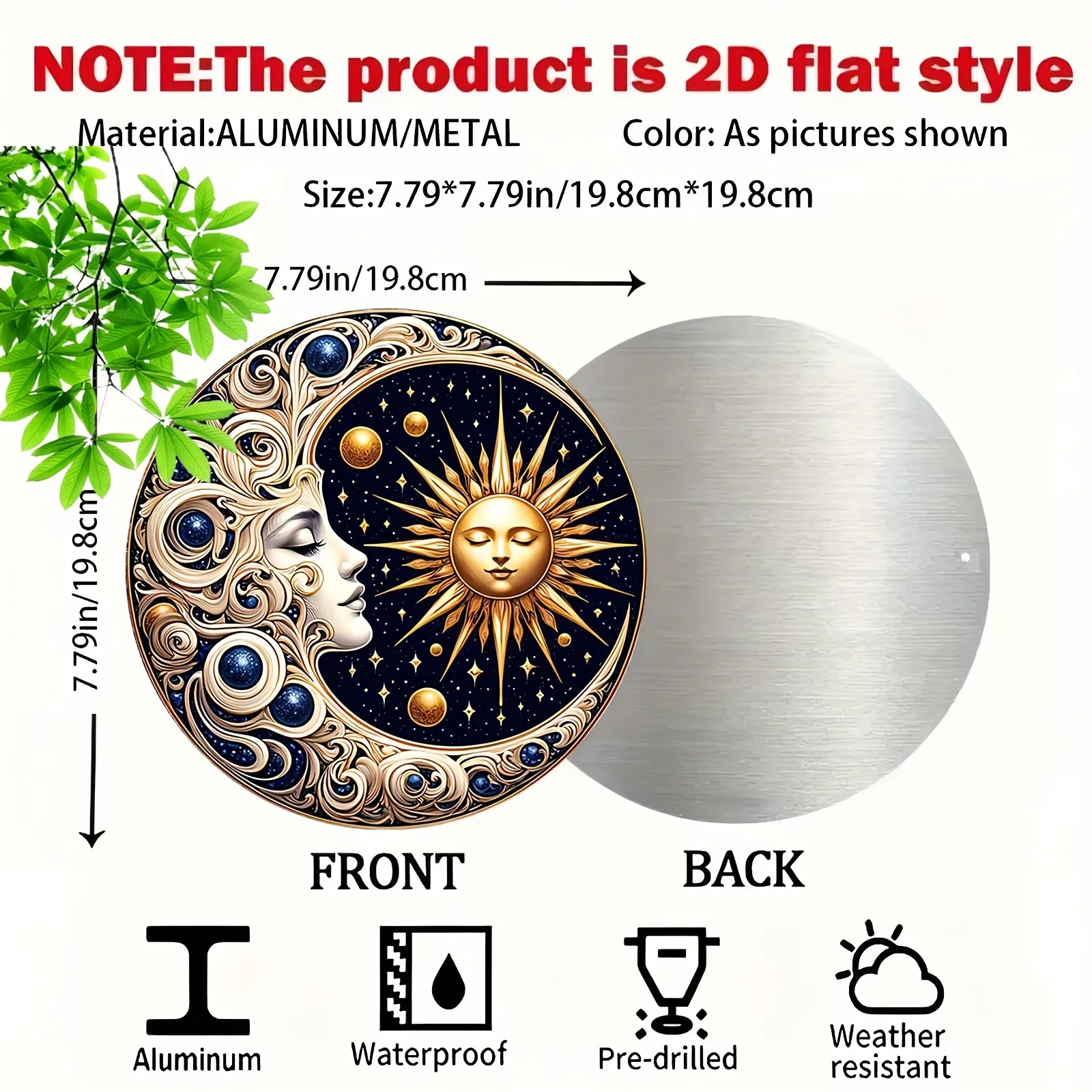 2D Flat, 1pc Celestial Sun and Moon Harmony Aluminum Wall Art - 19.81cm Round Vintage Metal Sign with Golden Sun, Moon, and Star