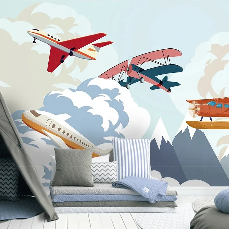 Custom Any Size 3D Modern Minimalist Airplane Cloud Sky Children Cartoon Background Wall Mural Wallpaper Papel De Parede Fresco