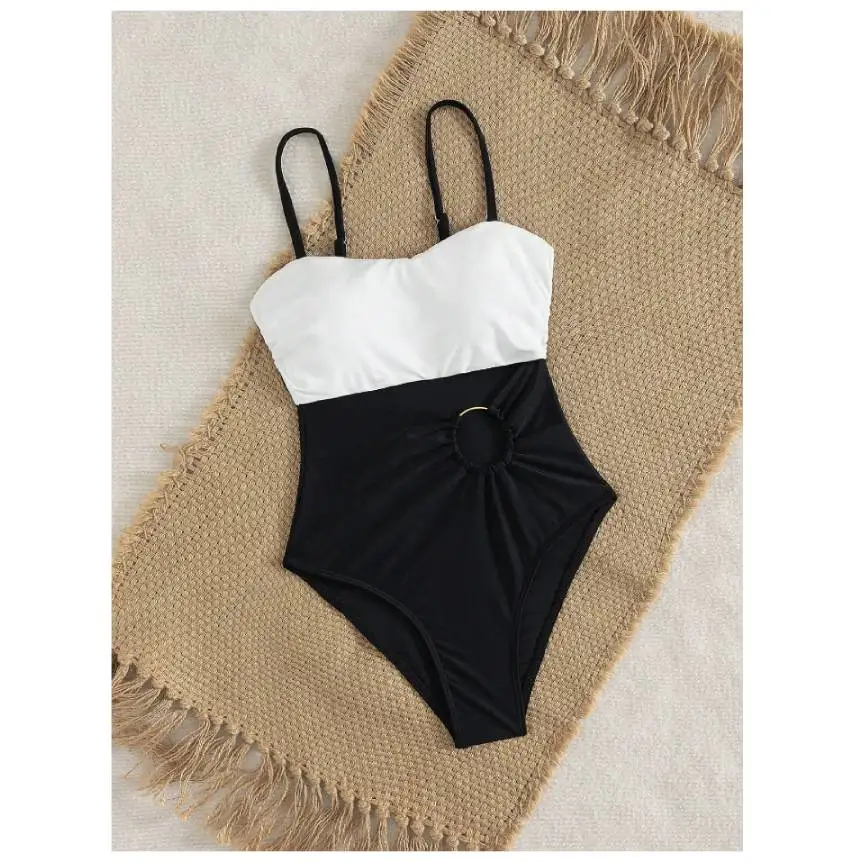 Cikini Women's Black & White Contrast Metal Ring Cut-Out Pleated Simple One-Piece One Piece Swimsuit