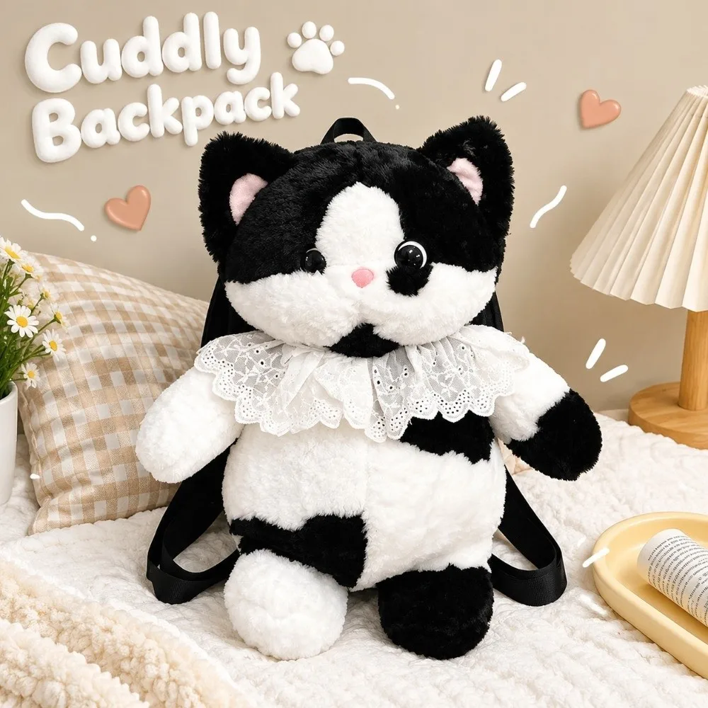 Black White Furry Cat Backpack Lightweight Adjustable Strap Cat Shoulder Bag Zippered Stuffed Animal Purse