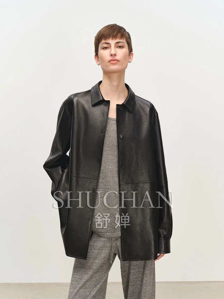 2026 Autumn Winter Jacket Women's High Luxury Double Version Light Lambskin Light and Simple Silhouette Shirt Leather Ja