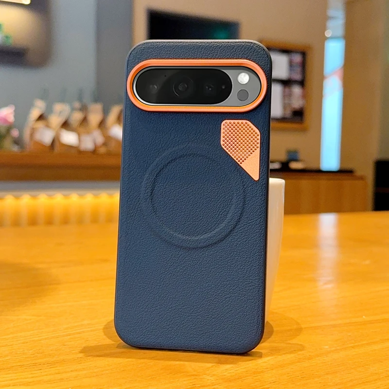

For Google Pixel 9 Pro XL, 9A Magnetic Case ELVEV PU Leather Hard PC Heat Dissipation Hole Suction Phone Cover