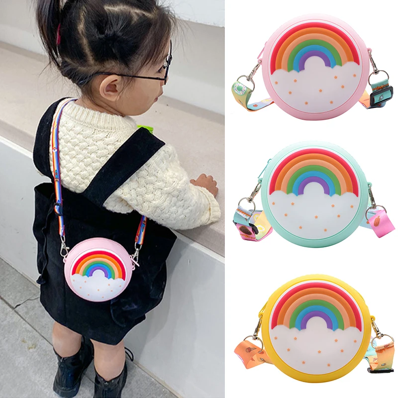 Hot Travel Rainbow Printed Pocket Package Round Donut Crossbody Bag Child Girl Children Shoulder Bag Adjustable Strap Vacation