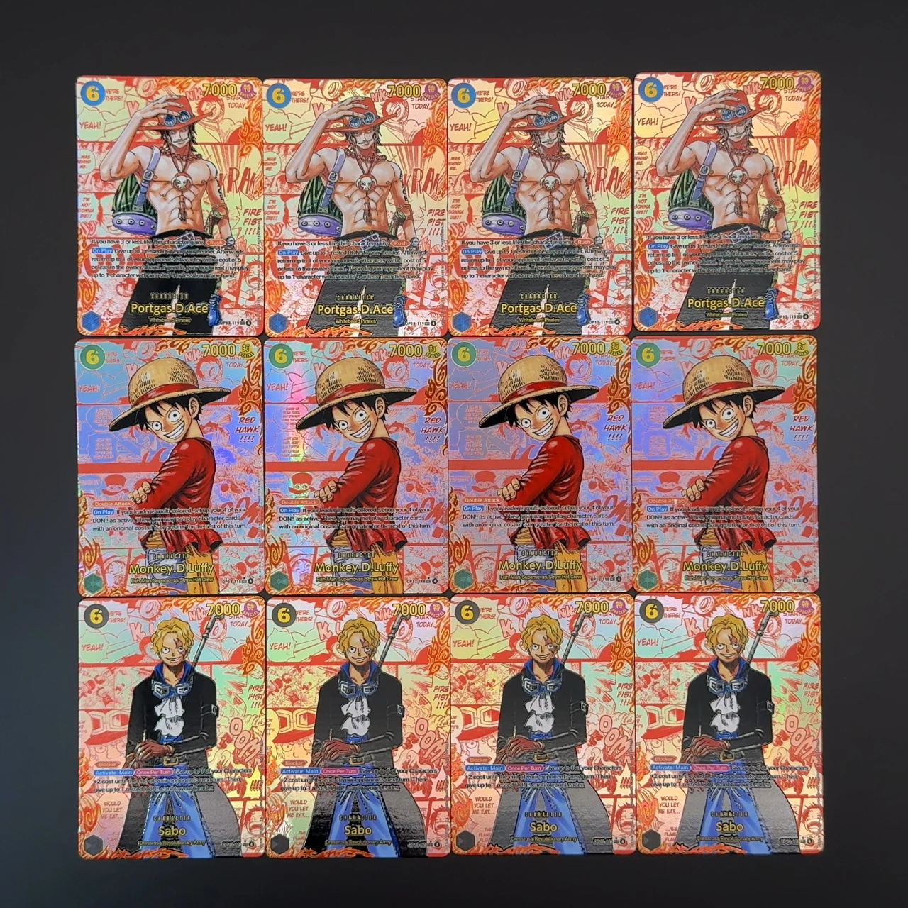 

One Piece TCG OPCG English Leader card OP13 Red manga card Luffy Ace Sabo OP13-118 OP13-119 OP13-120 Textured Foil Proxy Card