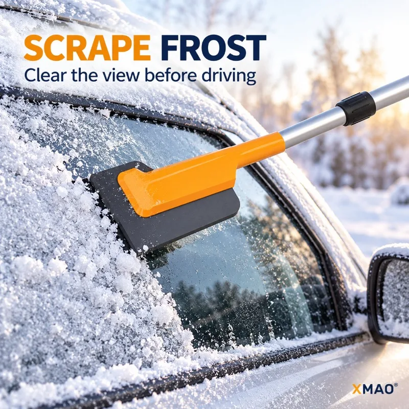 2-in-1 Car Snow Shovel Tool with LED Light, EVA Snow Brush and 6-Tooth Ice Breaker, Telescopic Windshield Scraper for Winter