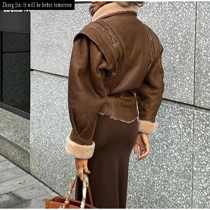 Warme ort Wildleder-Jacke für Damen mit Gürtel Street Sle Retro Faion Oberbekleidung PU-Material Farbe Blo Design Wintermantel