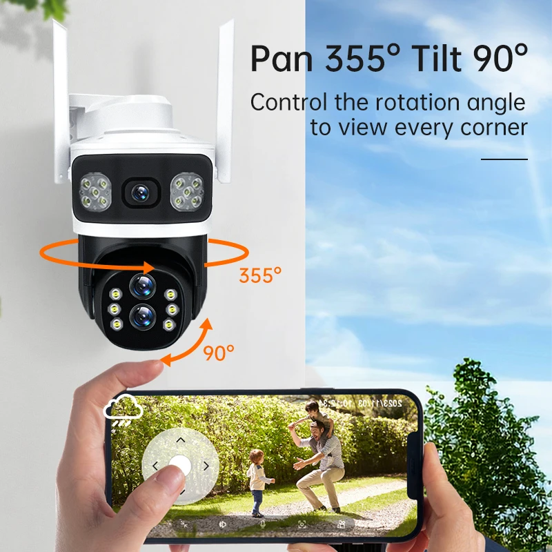 KR-Conexão Wi-Fi sem fio para telefones celulares, câmera impermeável IP ao ar livre, lente óptica 10x, Zoom.4MP. 3 Lens, V380, Câmera 360 Monitoramento