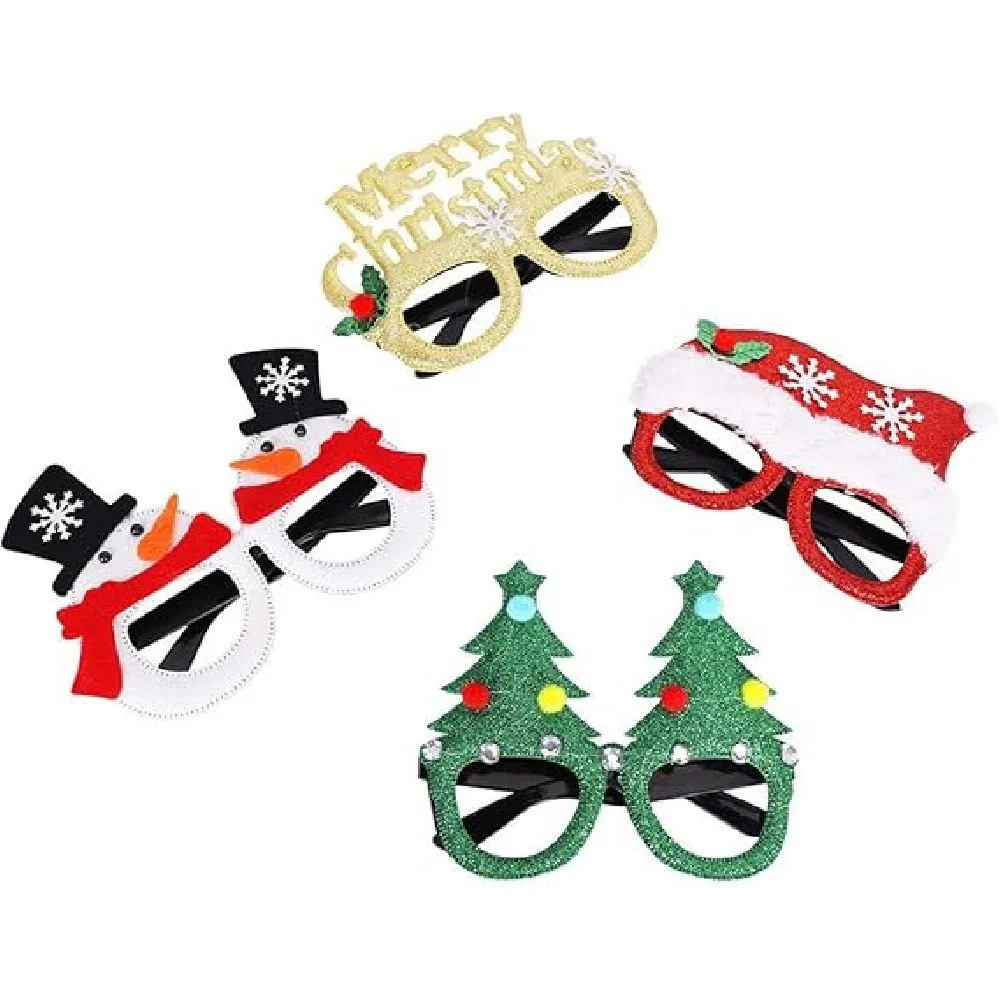 1 Pack Christmas Party Glasses Frame, Assorted Glitter Xmas Costume Glasses, Santa Reindeer Snowman Tree Holiday Photo Booth Props for Kids Adults Christmas Party Favors