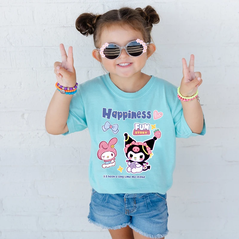Kuromi Printed Kids T-shirt Summer Children's Cotton Short Sleeve Blue Casual Top Suitable for Boys and Girls