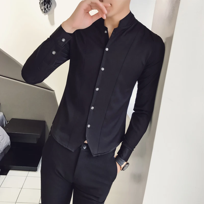 Men\'s New Casual Dress Spring Long Sleeved Shirt Slim Fit Standing Neck Solid Color Business Formal Shirt 4XL-M Luxury Clothing