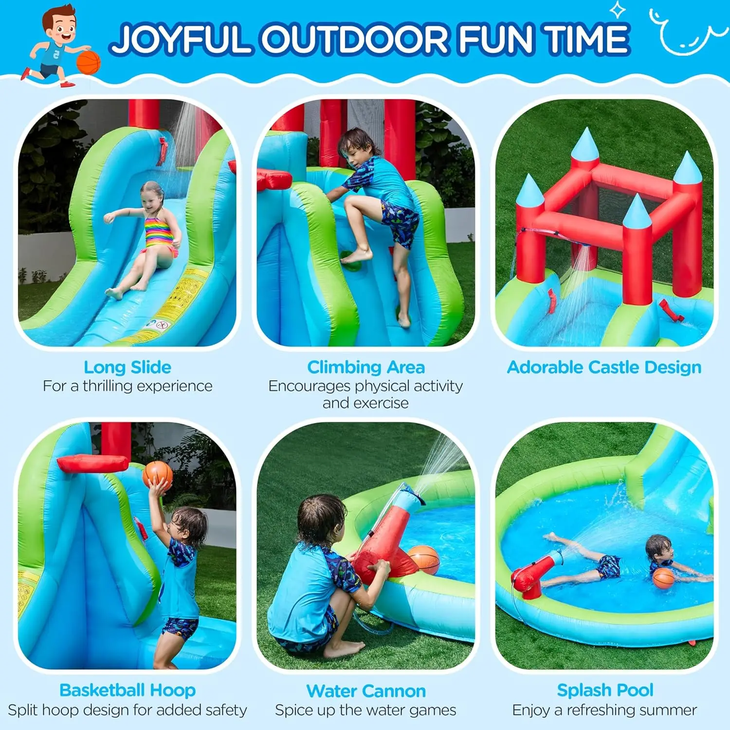 สไลเดอร์น้ำเป่าลม, 5-in-1สไลเดอร์เป่าลมกลางแจ้งสำหรับเด็กอายุ3-8 W/ปืนใหญ่น้ำและห่วงบาสเก็ตบอล & กำแพงปีนเขา &