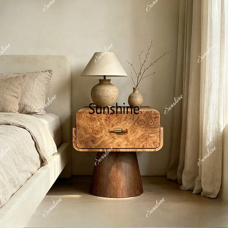 Medieval style natural tree tumor solid wood bedside table round side cabinet