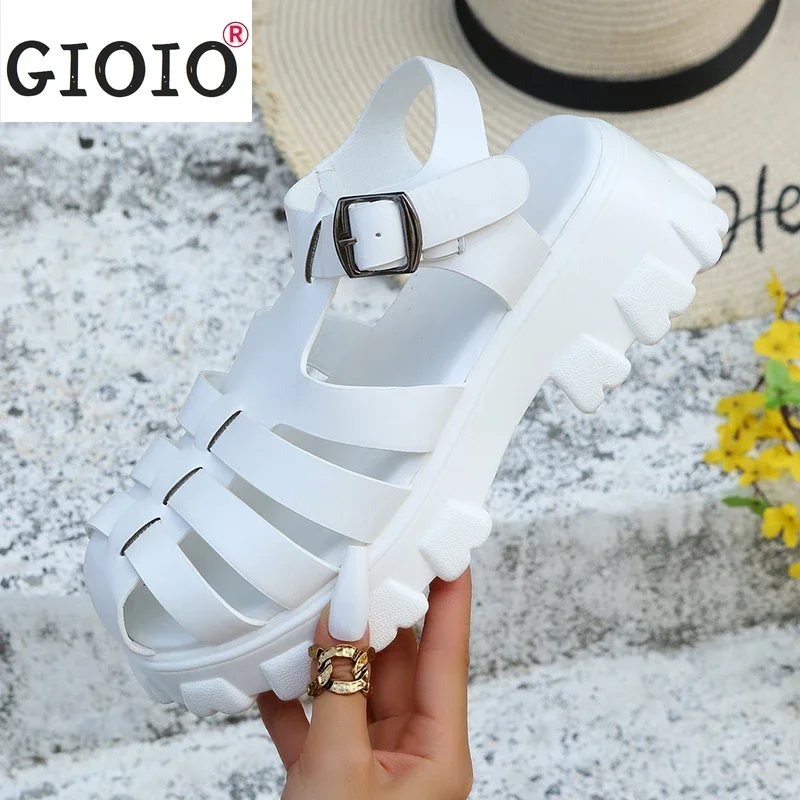 2024 Summer New Sandals Women Platform Height Increasing Round Toe Sandals Female Beach Shoes Buckle Strap Women\'s Shoes