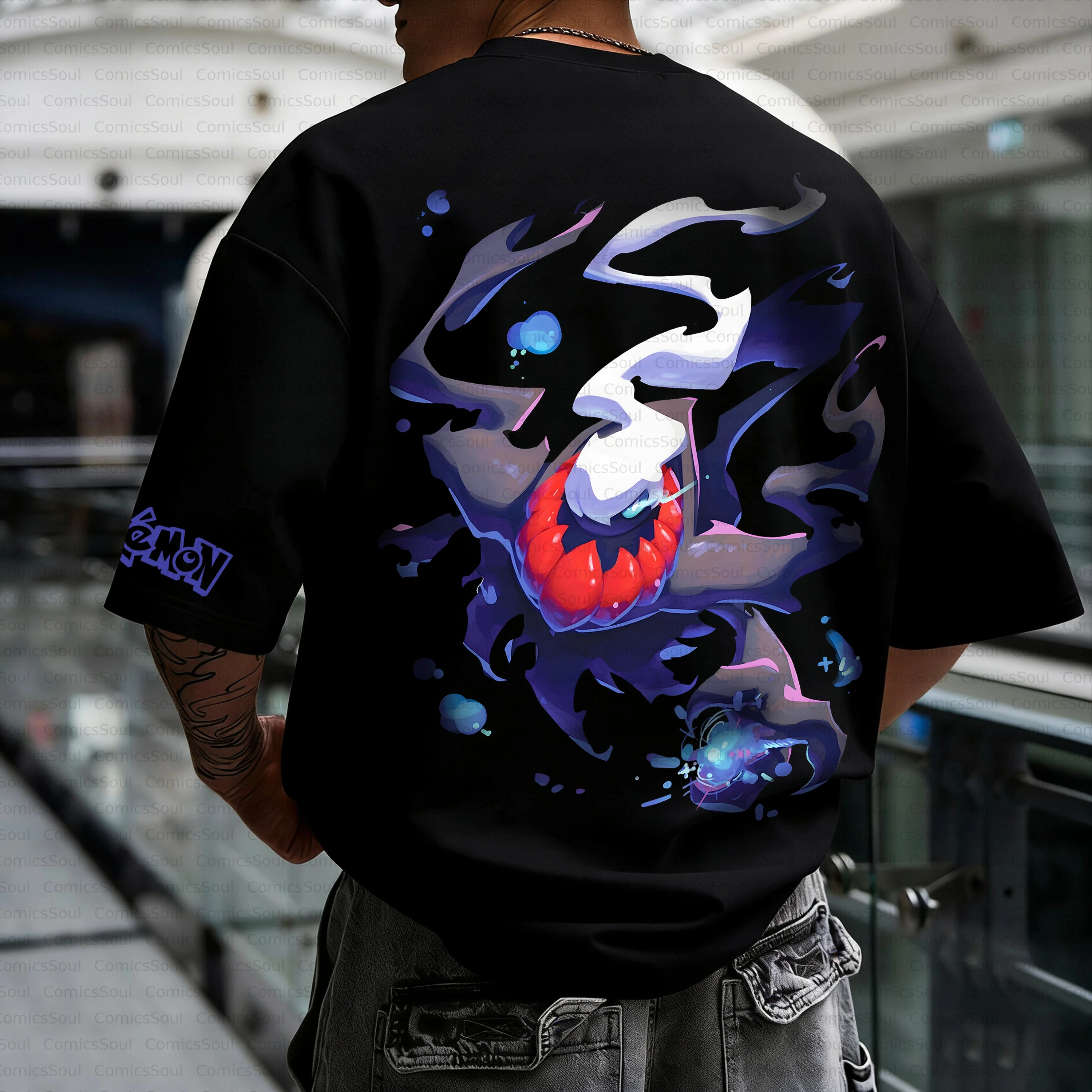 camiseta-de-algodao-anime-pokemon-verao-2026-com-estampa-traseira-de-gengar-e-porygon-efeitos-de-luz-azul-e-fumaca-roxa-corte-solto-para-homens-e-mulheres