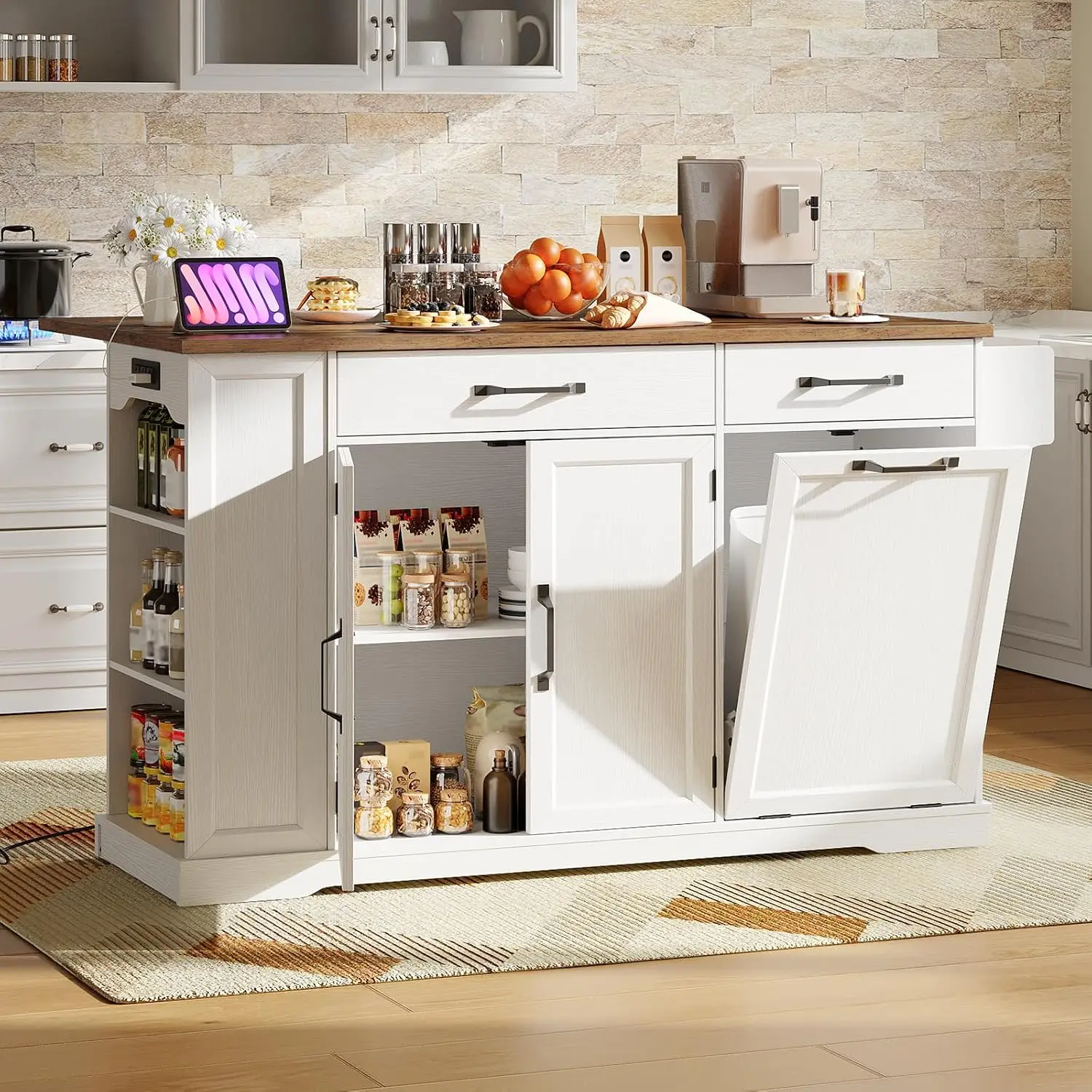 Kitchen Island Power Outlet Drop Leaf Rolling Cart Trash Cabinet Mobile Table Kitchen Dining Casters White Walnut, Customized