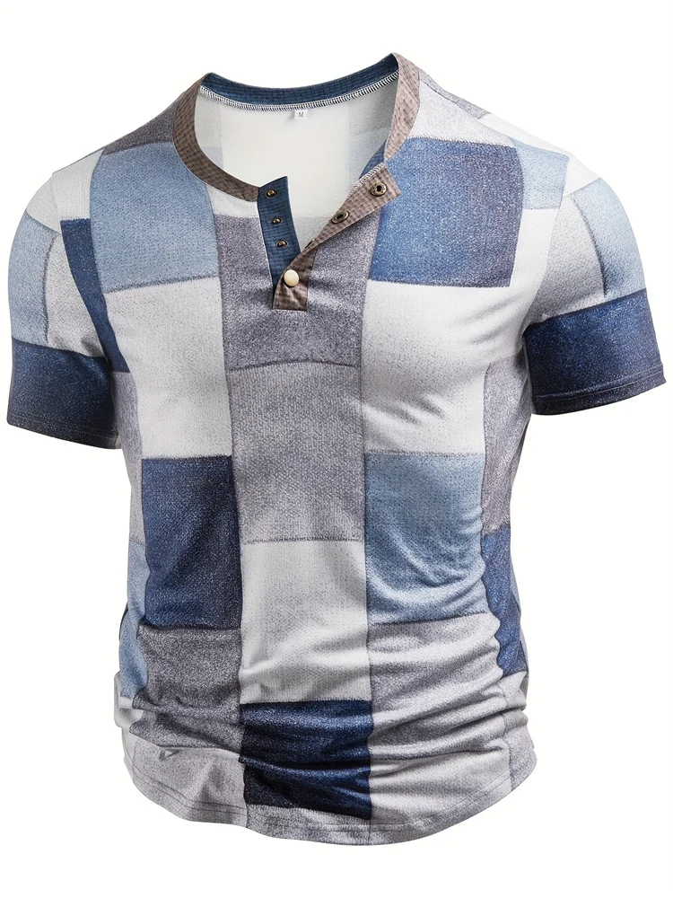 Fashion Men\'s Retro Denim Check Printing T-shirt V-neck Button Short Sleeve Oversized Casual Comfortable Summer T-shirt Clothing