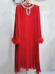 [EWQ] Fashion Design Tassel Long Sleeve Spliced Diamonds Pleated Dress Loose Casual Women Mid Length Dresses 2024 Autumn 16O2835