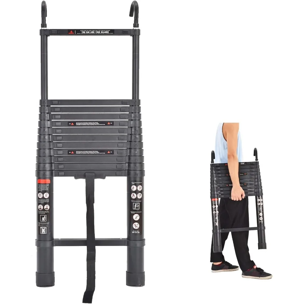 

16.4ft Telescoping Ladder Black Aluminum Heavy Duty Extension Ladder with Detachable Hooks, Folded Height 3.2ft Easy to Store an