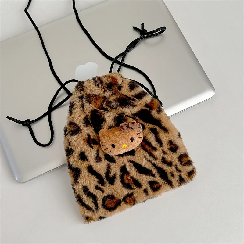 Cartoon Hellos Kittys Girls Makeup Drawstring Storage Bag Plush Retro Leopard Print Crossbody Bag Women\'s Shoulder Bags Compact