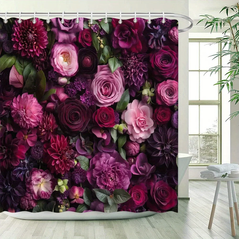 1 cortina de ducha: arreglo floral exuberante con rosas aterciopeladas y Dahlias en color morado, rosa, magenta, acento vibrante para el hogar