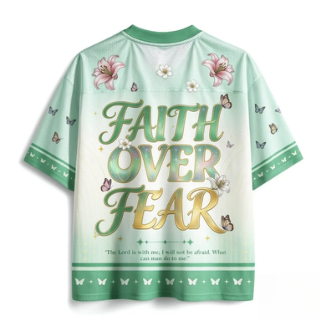 Faith Overcomes Fear Flower V-neck Mesh Lily Butterfly Christian Slogan Printed Short Sleeve Casual Sports T-shirt
