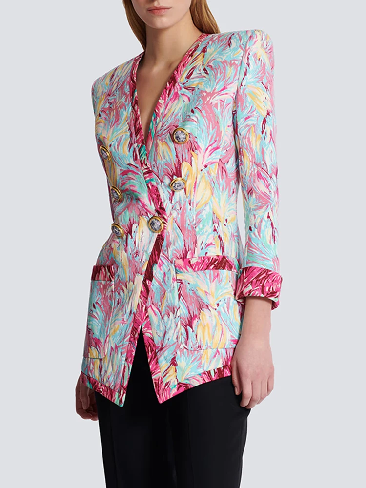 TWOTWINSTYLE Formal Colorblock Printing Blazer For Women V Neck Long Sleeve Patchwork Button Elegant Blazers Female KJA504655