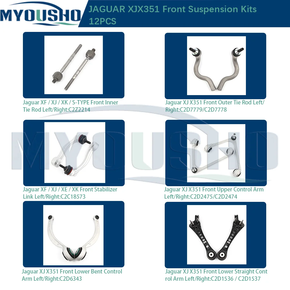 Myousho 12pcs Front Suspension Control Arm Ball Joint Stabilizer Link Tie Rod Kits For Jaguar XJ XJL X351 C2D1537 C2D6343