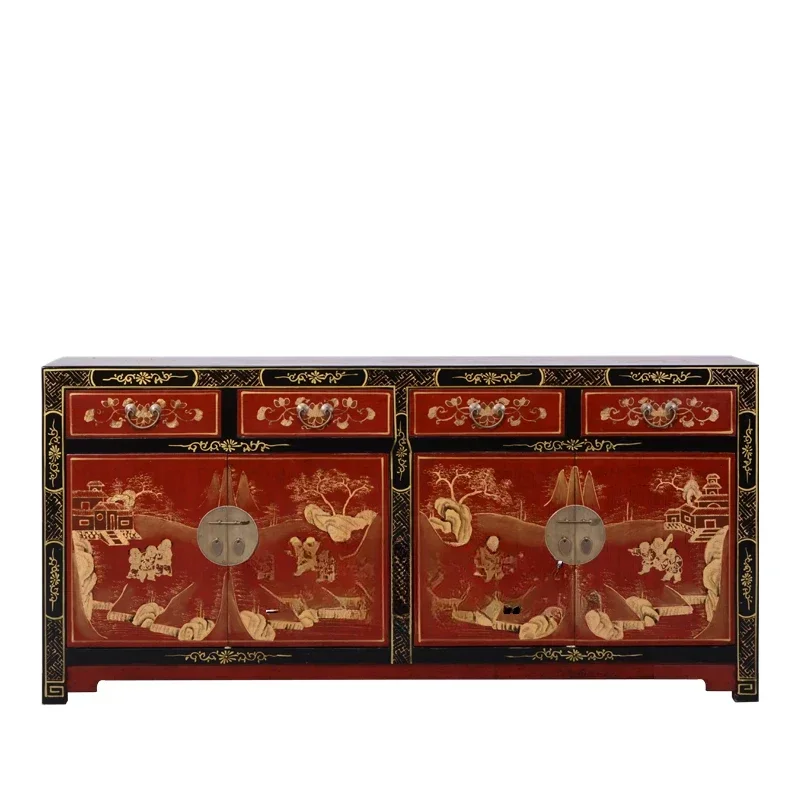 Chinese antique classic old furniture solid wood storage hand-painted gold retro entrance cabinet