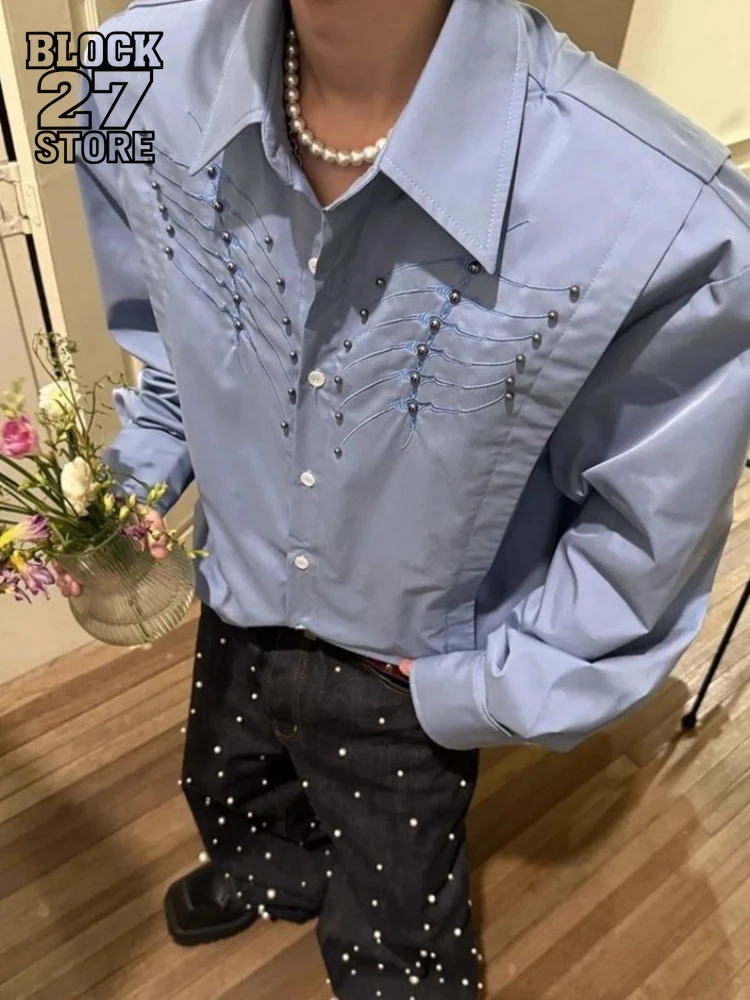 Mens Shirt Harajuku Streetwear Snake Eye Spine Embroidered Blue Long Sleeve Shirt Rivet Detail Loose Fit Retro Casual Trend New