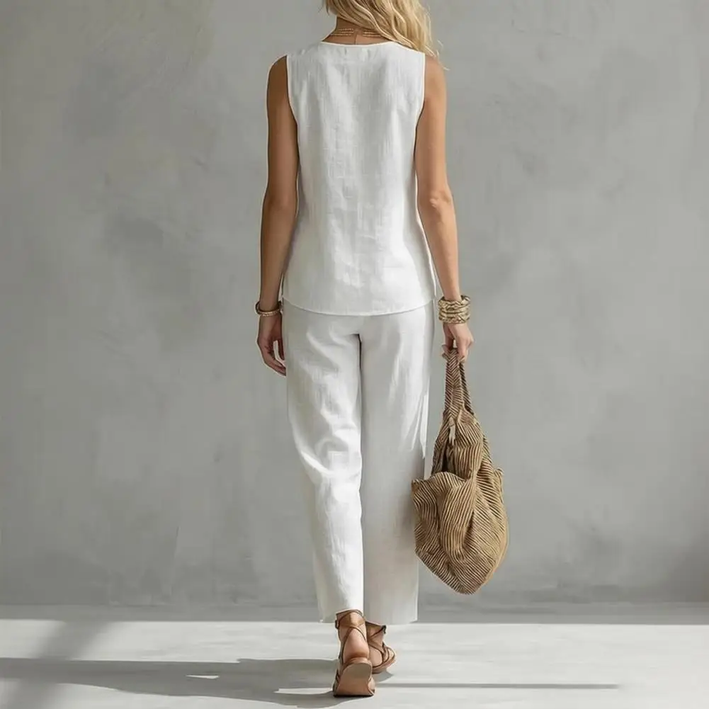Relaxed Fit Women Clothing 2 Piece Cotton Linen Set for Women V Neck Tank Top Wide Leg Pants with Pockets Lounge Outfit Summer