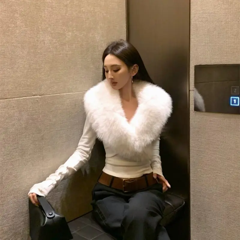 

Cross Front Fleece Sweater Women Winter Faux Fur Collar Slim Fit Top Sexy White Knit Pullover Y2K Bodycon Long Sleeve Blouse