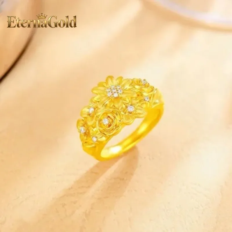 

Женское регулируемое кольцо EternaGold из 24-каратного золота (AU999) с цирконами | Трехмерное кольцо из цельного золота с рельефными узорами в виде лозы и гранеными цирконами.