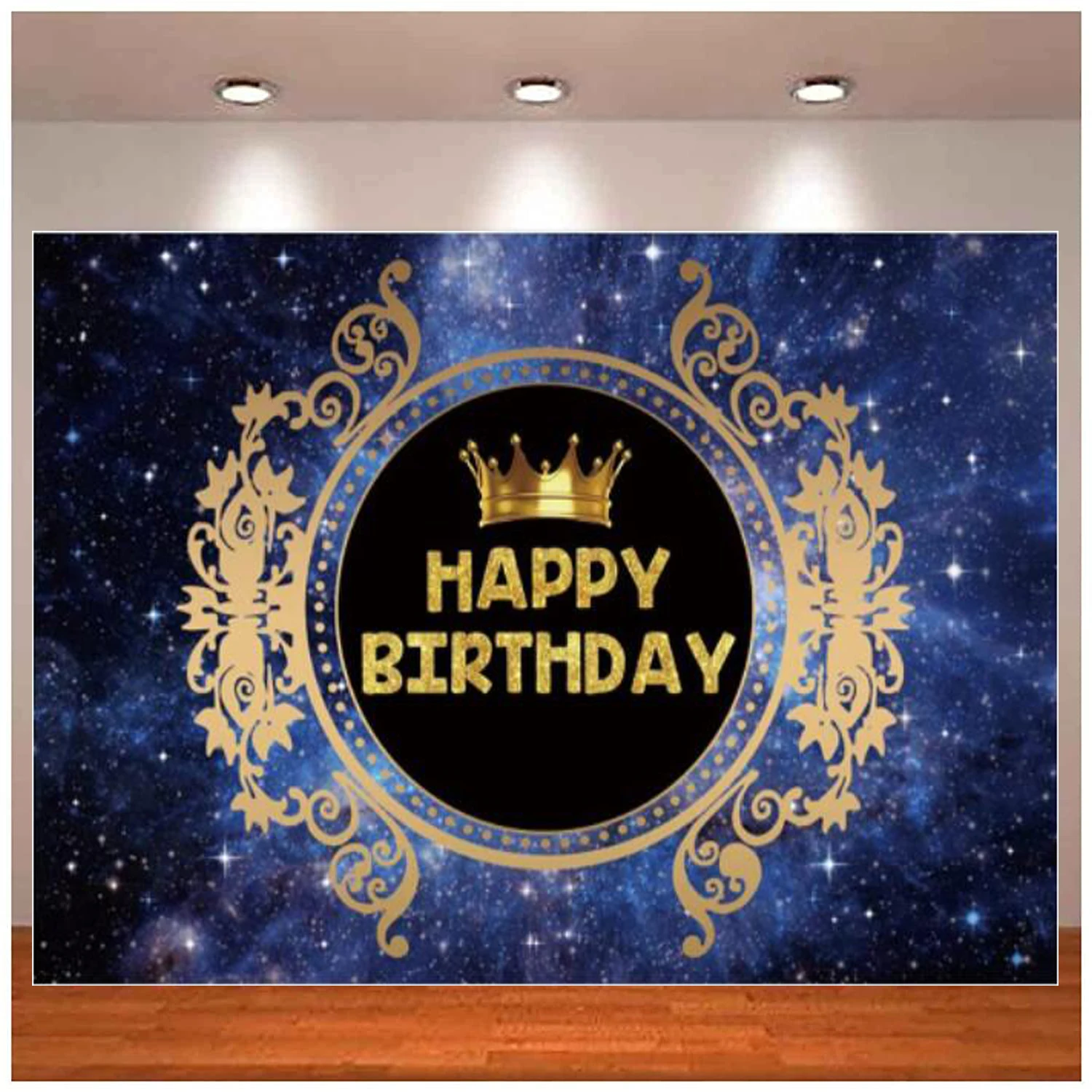 Gold Crown Happy Birthday Photography Backdrop Galaxy Glitter Starry Sky Milky Way Vintage Background Prince Princess Party