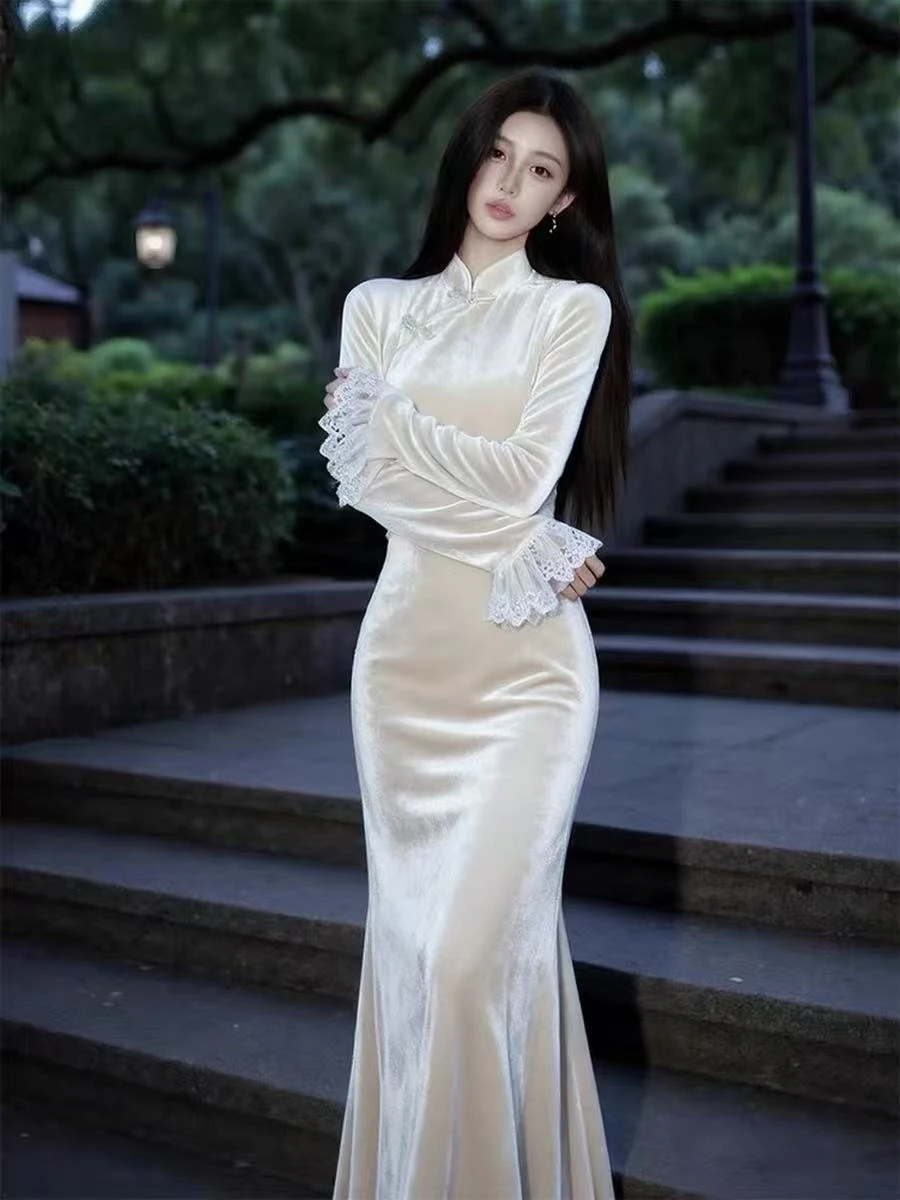 

Китайское винтажное платье, улучшенное женское платье Ципао, элегантное атласное платье Cheongsam, восточное платье для банкета, свадьбы, женское платье Ципао