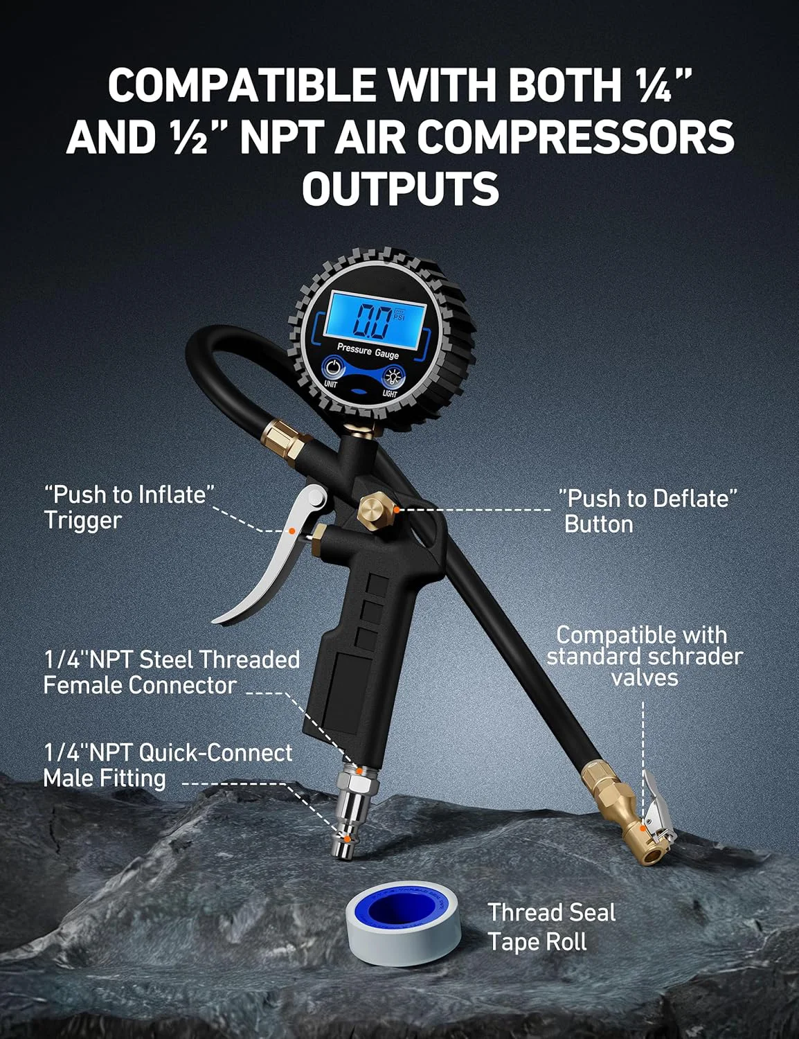 Digital Tire Pressure Gauge with Inflator, 3-250 PSI Air Chuck & Compressor Accessories Heavy Duty with Quick Connect Coupler