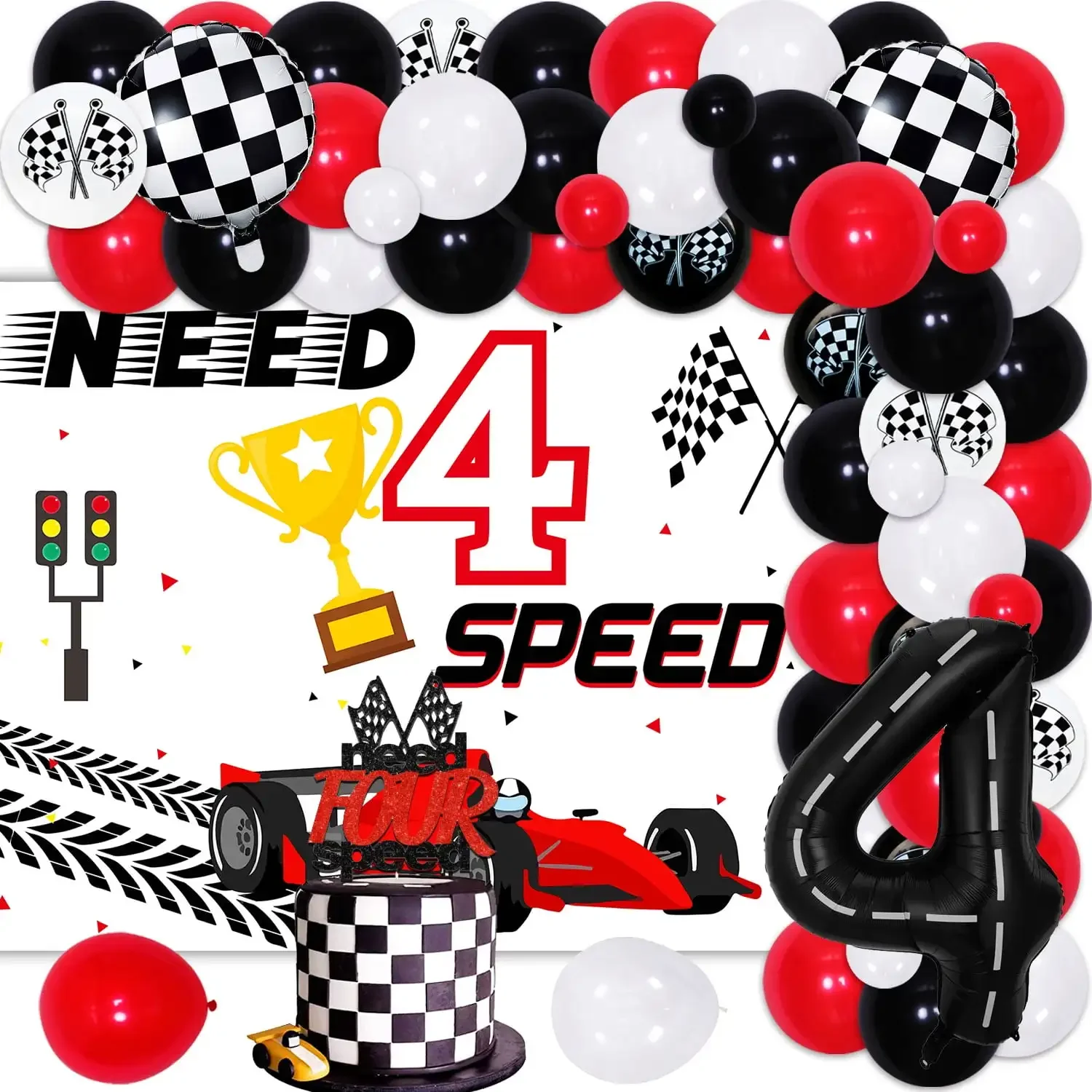 

FANGLELAND Need Four Speed Birthday Decorations-Balloons Arch Garland Kit with Backdrop Number 4 Race Car Checkered Balloons