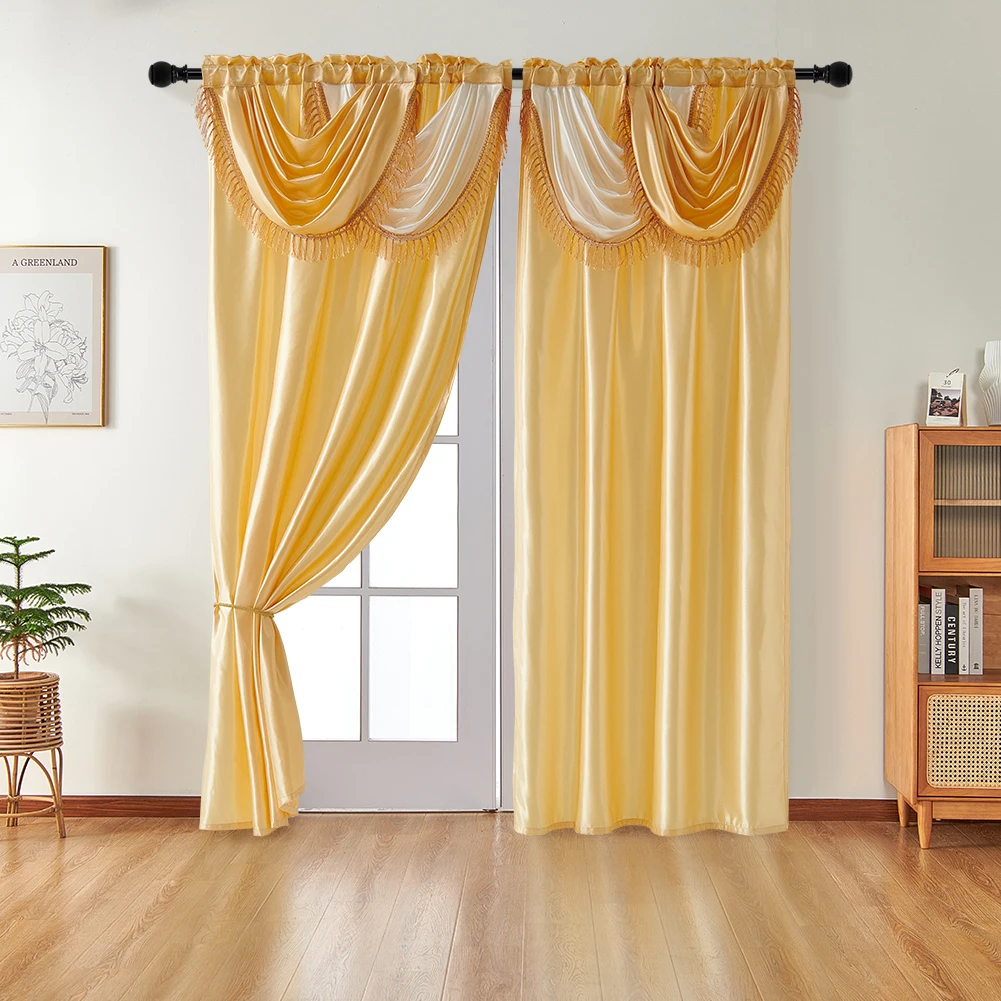 NAPEARL 4 Wave Valance+2pcs Curtain European Style Solid Curtain Valance Rod Pocket Home Decoration for French Window