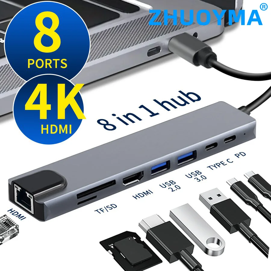 

USB C Hub 8 In 1 Type C 3.1 To 4K HDMI Adapter with RJ45 SD/TF Card Reader PD Fast Charge for MacBook Notebook Laptop Computer