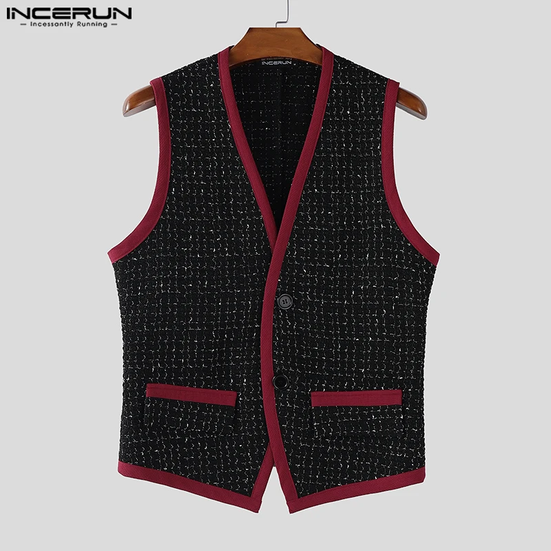 

INCERUN мужские жилеты в стиле пэчворк с блестящим v-образным вырезом без рукавов и пуговицами, повседневные мужские жилеты, уличная одежда, 2025 г., модные жилеты для отдыха, S-5XL