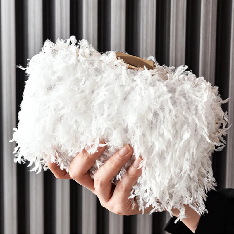 

Новинка 2023 года, роскошный дизайнерский вечерний клатч, сумка с пушистыми перьями и кисточками, женское платье для банкета и ужина, свадебные сумки на цепочке