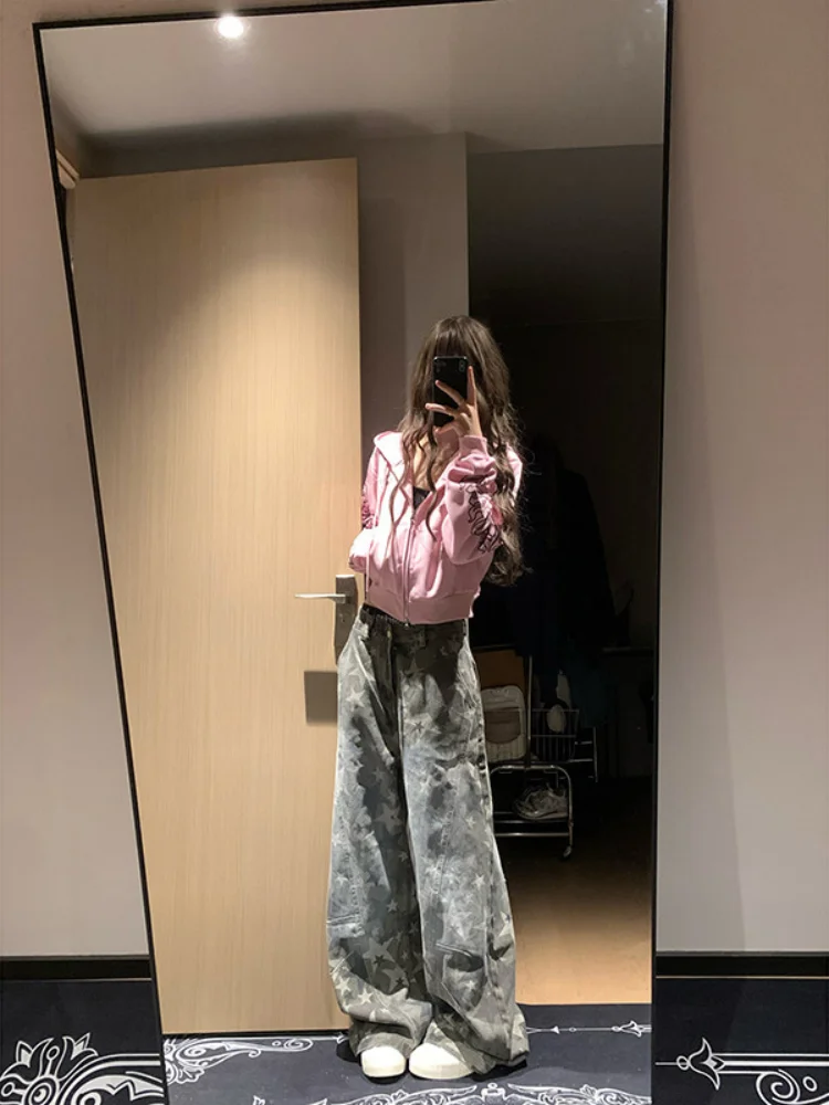 2026 Spring Jeans Women's Retro Star Print Camo Cargo Jeans Stylish Loose Straight Leg Wide Leg Floor-length Denim Pants