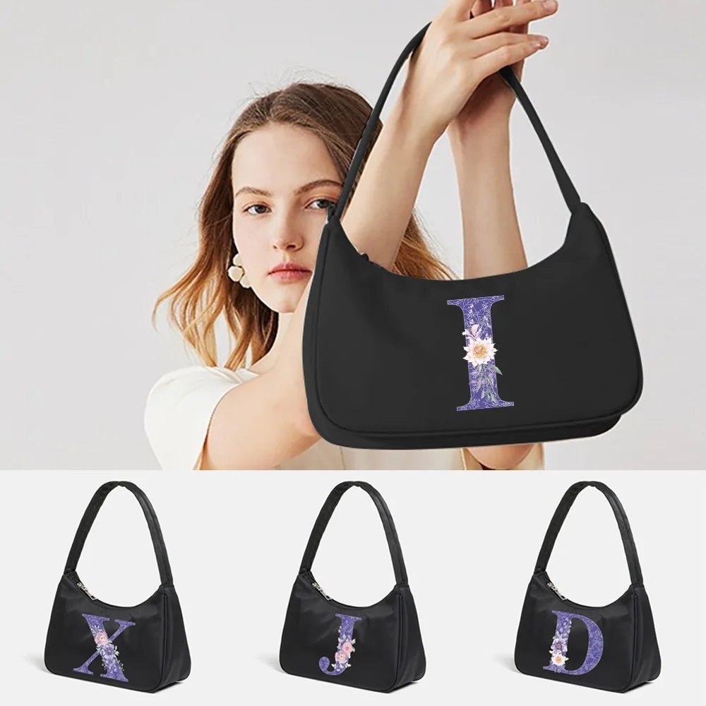 2022 Underarm Bags Women Shoulder Bags Retro Street Handbag Casual Commute Organizer Bag Purple Flower Letter  Print Pattern