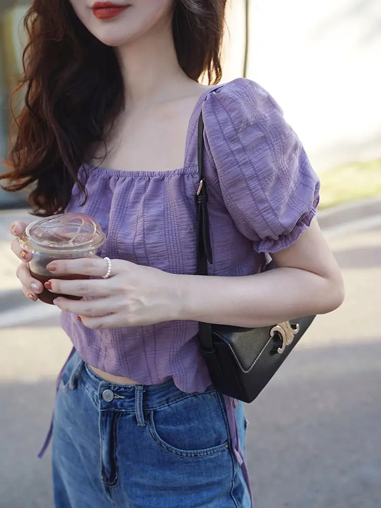 Purple Sweet Blouses Women Gentle Vintage Puff Sleeve Summer Temper Square Collar Aesthetic Lace-up Designed Crop Tops Popular