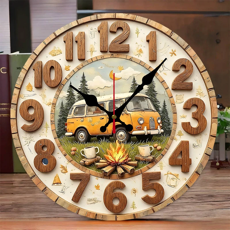 Vintage Camper Van Wooden Round Silent Hanging Wall Clock, Suitable For Living Room, Office,Study Room, Bedroom, Home Decoration