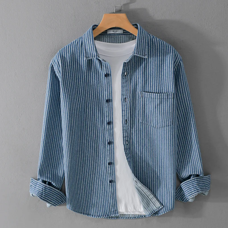 

Handsome Vertical Striped Heavyweight Denim Shirts for Men Spring Autumn Long Sleeve Casual Loose Clothes Youth Japan Male Tops