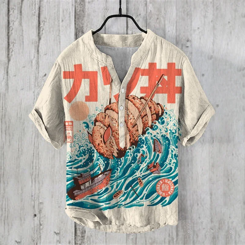 Summer Japanese-style art Print Vintage Henley Shirts Men\'s Casual Button-Down Short Sleeve v- neck Shirt Man Tees