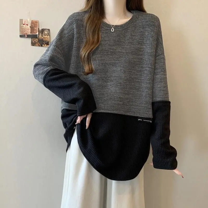 Round Neck Long Sleeve New Sweatshirts Threaded Velvet Splicing Contrasting Color Medium Long Autumn and Winter Loose Fit Tops