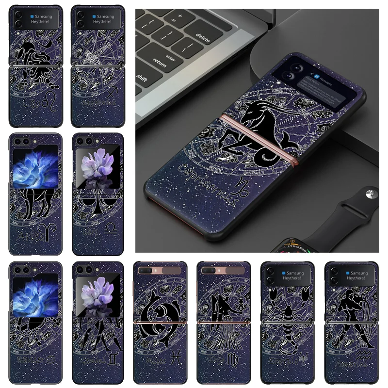 Funda rígida para Samsung Galaxy Z Flip5 Flip3 5G Flip4 Flip 12 Constelaciones del zodiaco Gemini Leo, fundas de teléfono negras