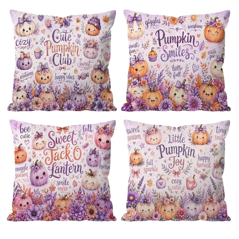 Pumpkin Smiles Fall Magic Cushion Cover Double-Sided Plush Sofa Cushion Covers Organic Breathable Invisible Zipper